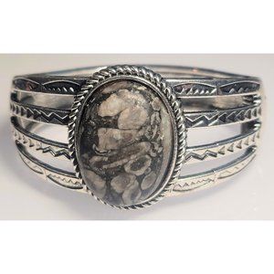 Vtg Silver Tone Fossil Cabochon Clamper Bracelet Navajo Phoenix Birds Engraved